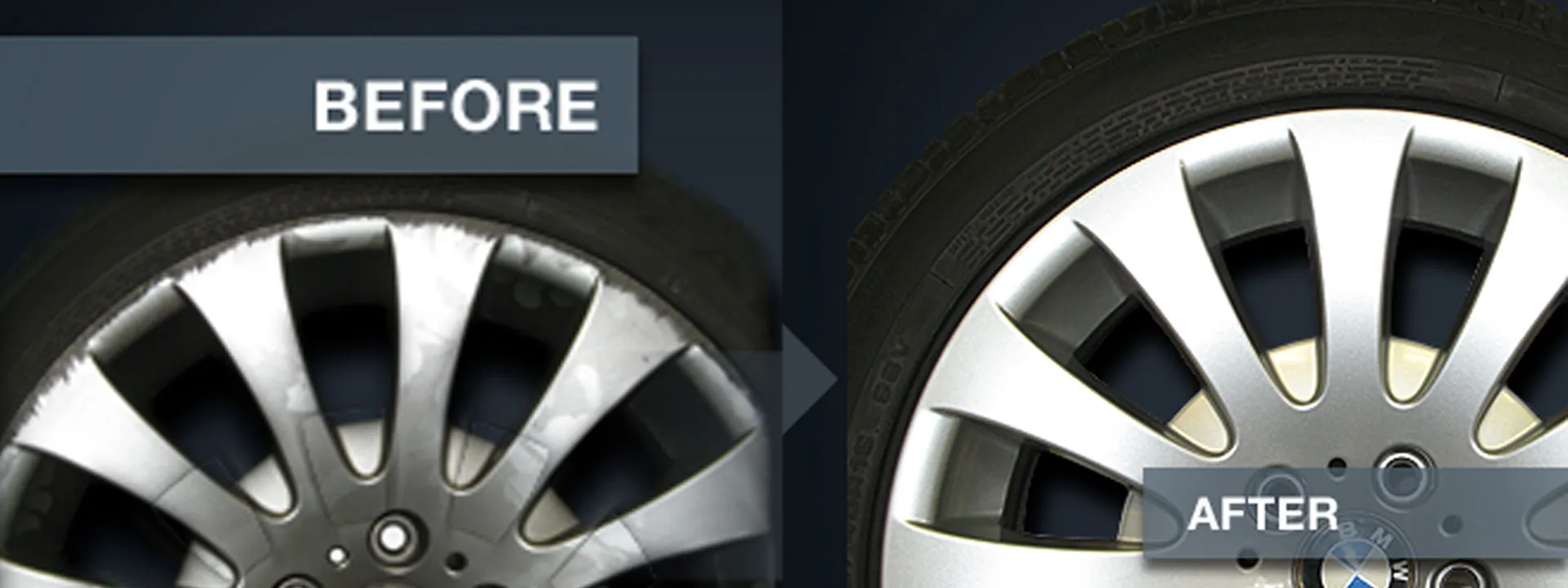 Alloy wheel before and after refinishing Alloy wheel before and after refinishing