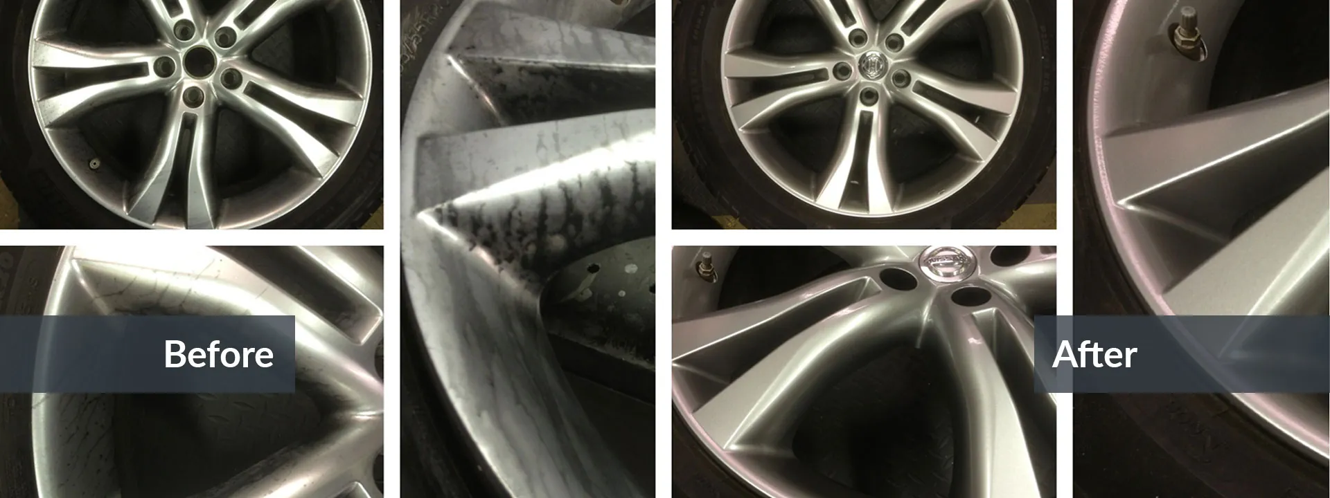Curb-rashed alloy wheel before and after cosmetic repair Curb-rashed alloy wheel before and after cosmetic repair